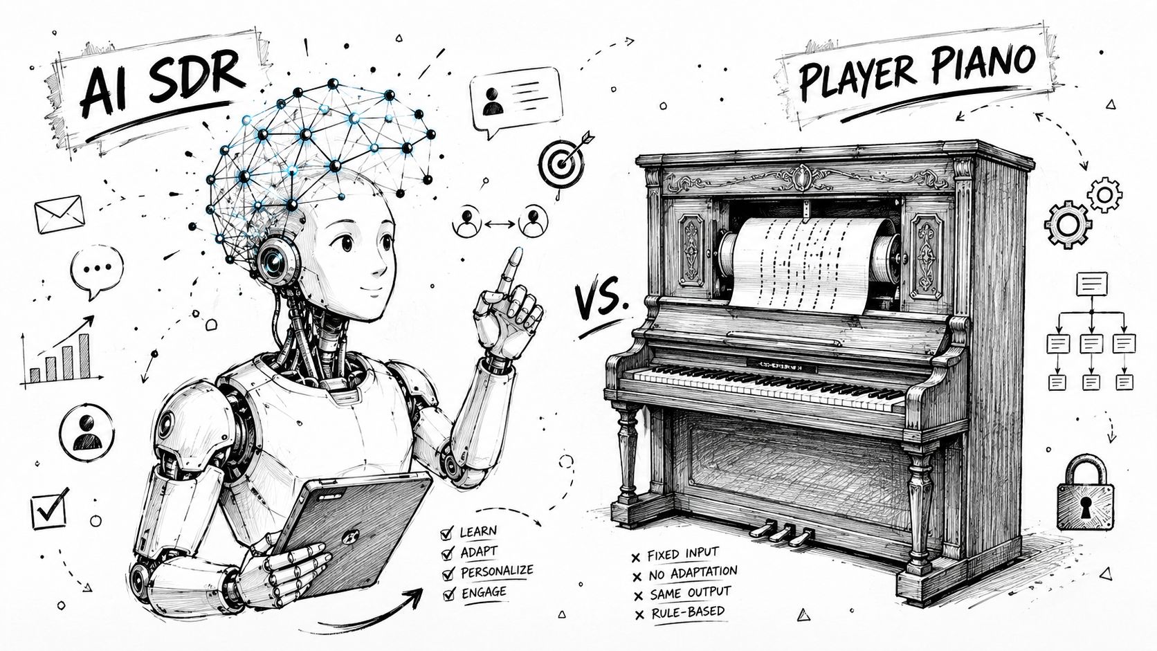 A conceptual comparison between an AI SDR using adaptive technology and a rigid, automated player piano.