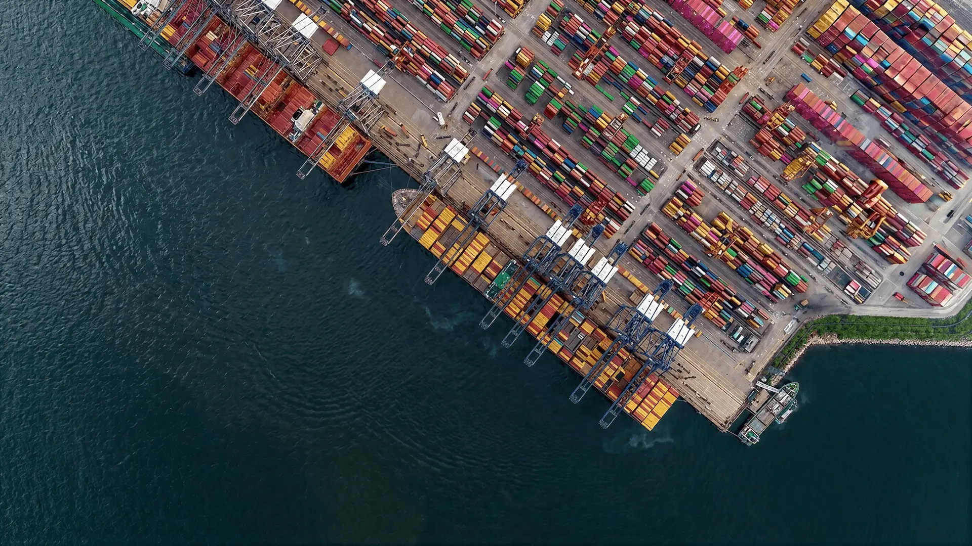 Container ships loading in parallel at a busy port—shared infrastructure, distinct destinations.