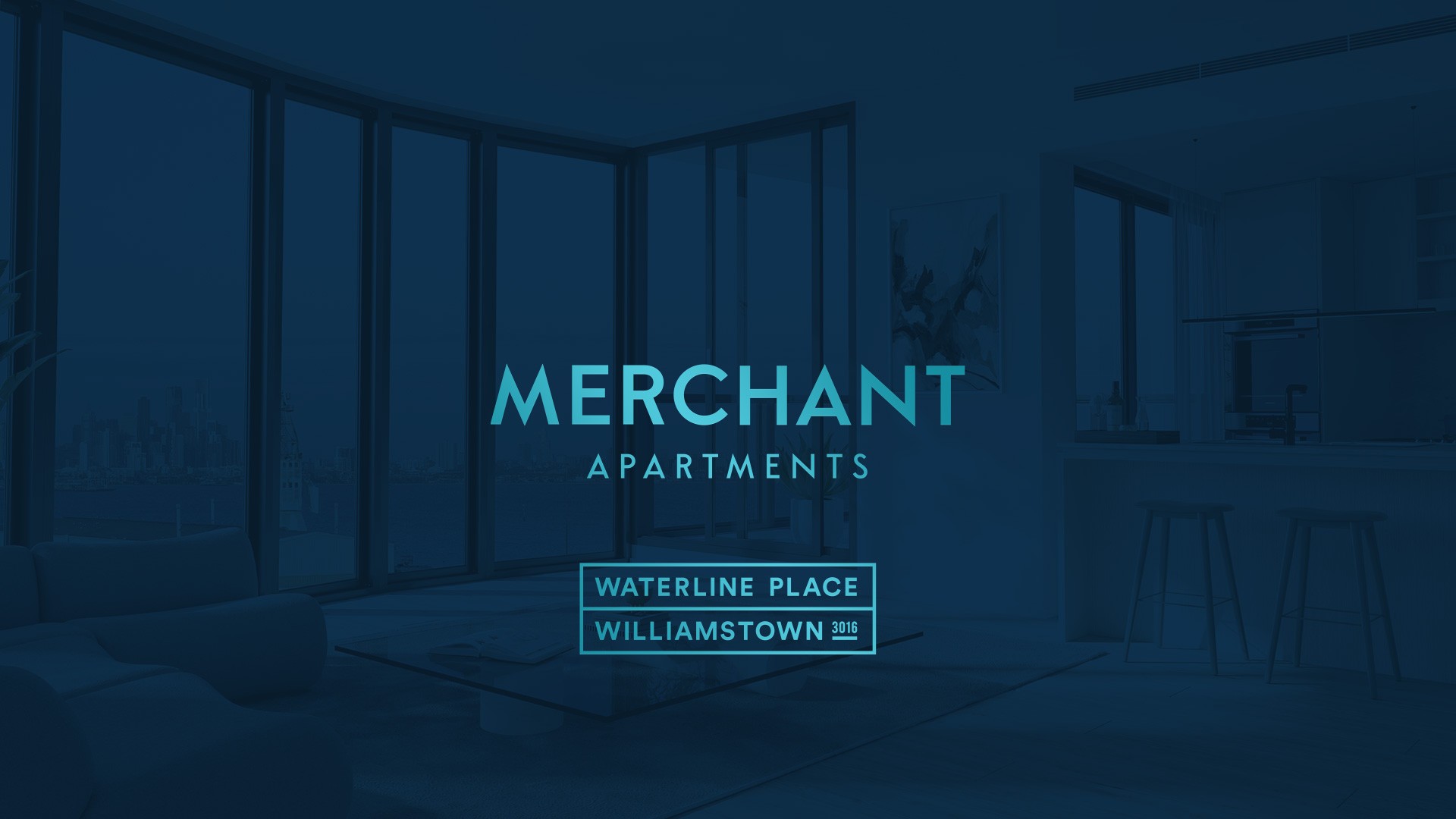 Modern interior of Merchant Apartments with sleek decor, large windows showcasing a city view. Text overlay: 'Merchant Apartments, Waterline Place, Williamstown 3016' in bold blue font, conveying a stylish and sophisticated tone.
