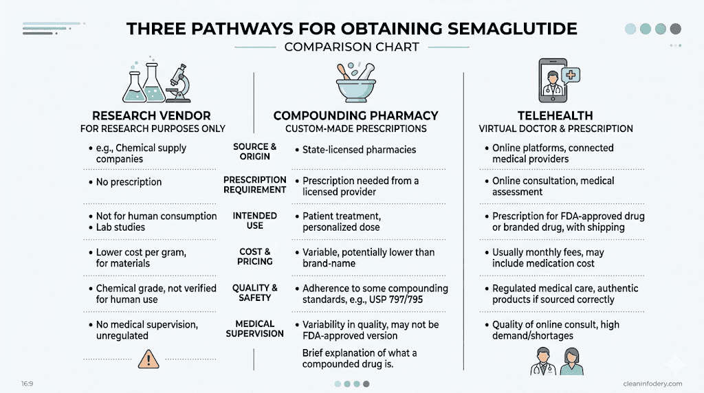Semaglutide vendor comparison chart showing research peptide vs compounding pharmacy vs telehealth options