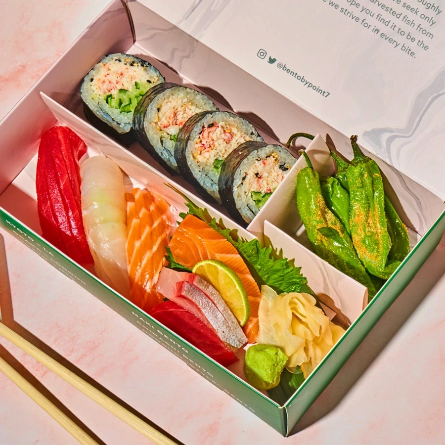 Sushi rolls and sashimi in a pink Bento by Point Seven box