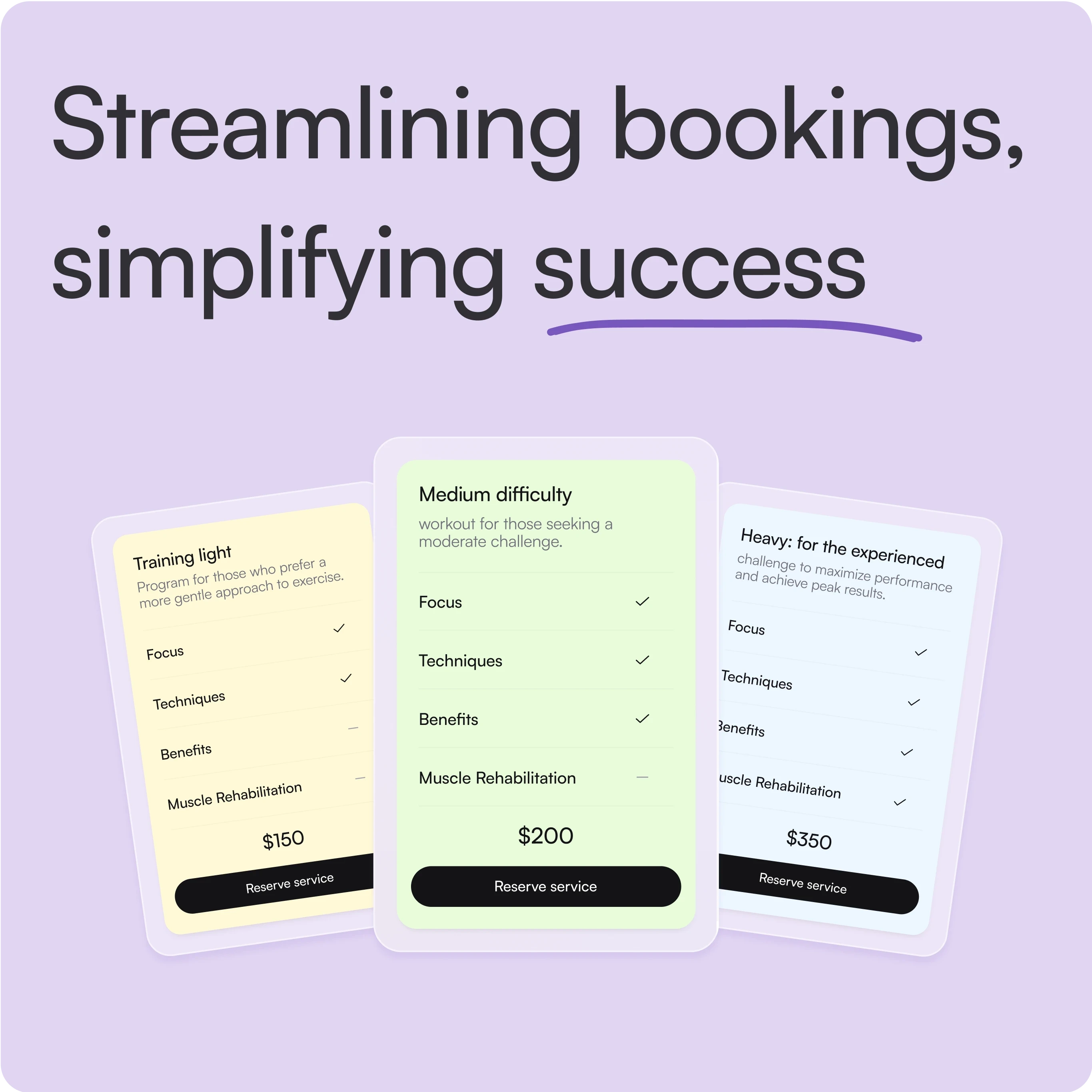 This image presents a pricing and booking interface with three service packages displayed in card format under the tagline: "Streamlining bookings, simplifying success." Packages Displayed: Training Light - $150 Designed for those preferring a gentle approach to exercise. Includes: Focus, Techniques, Benefits, and Muscle Rehabilitation. Medium Difficulty - $200 For users seeking a moderate challenge. Includes: Focus, Techniques, and Benefits (Muscle Rehabilitation not included). Heavy: for the experienced - $350 Aimed at maximizing performance and achieving peak results. Includes all features: Focus, Techniques, Benefits, and Muscle Rehabilitation. Purpose: The interface emphasizes simplified decision-making for booking services, catering to different experience levels and preferences. Each card highlights clear pricing, features, and call-to-action buttons labeled "Reserve service."