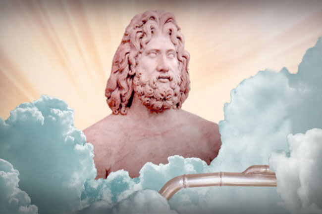 A pinkish-red marble bust of a male figure with curly hair and a beard is centered against a cloudy sky background. A metallic pipe curves across the lower right portion of the image. The sky behind features light rays emanating from the upper left.