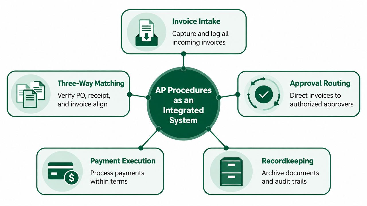 A diagram illustrating the five key steps of an integrated accounts payable workflow system.