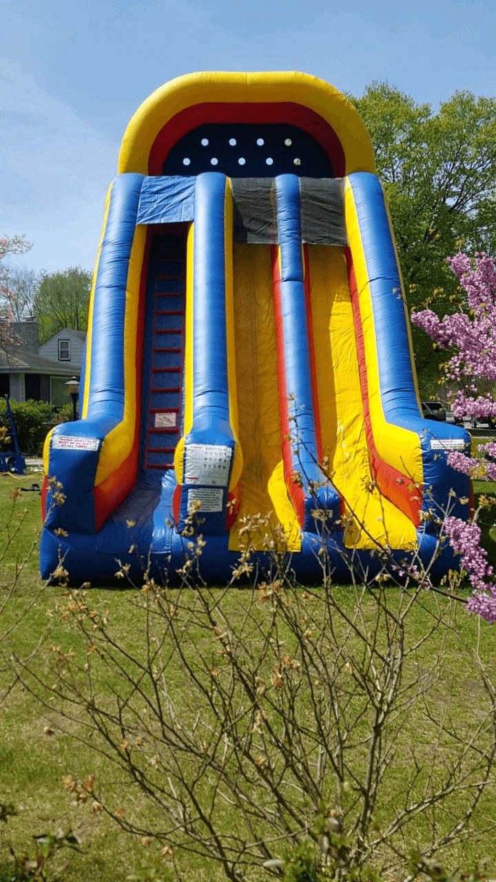 front view of an inflatable slide with two slides