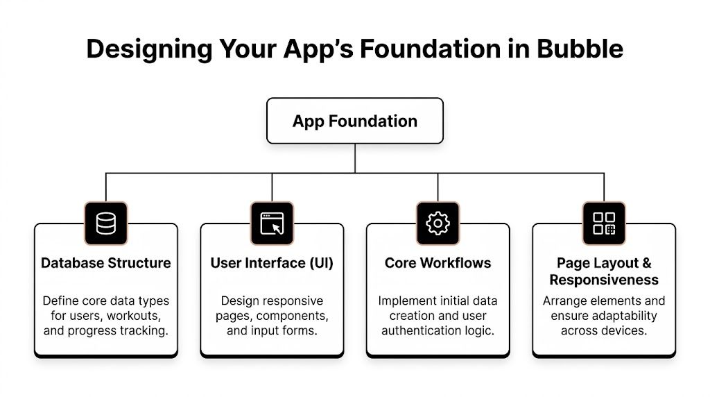 A diagram outlining the four core pillars for building a fitness app foundation using the Bubble platform.
