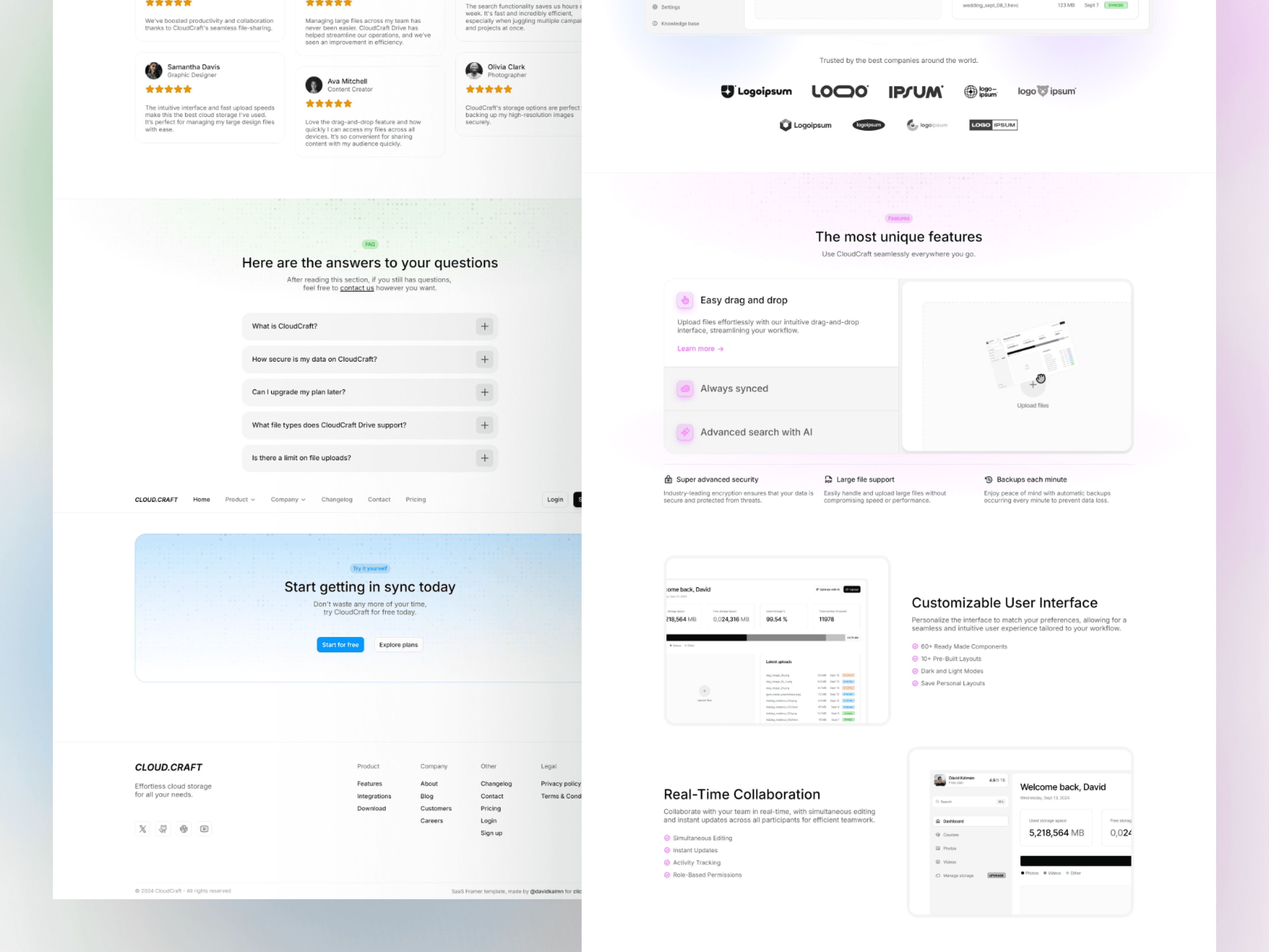 Cloudcraft - SaaS Framer template FAQ, features, and CTA section