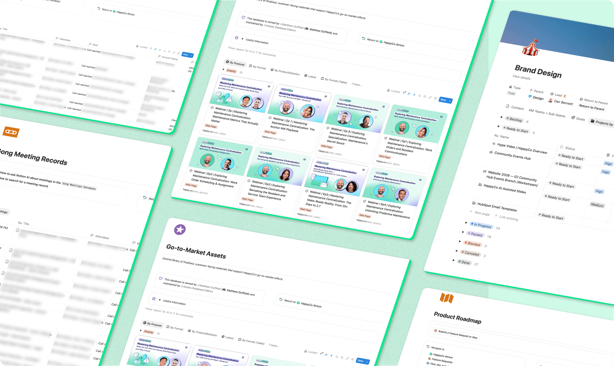 HappyCo's product roadmap inside their Notion workspace built by Optemization