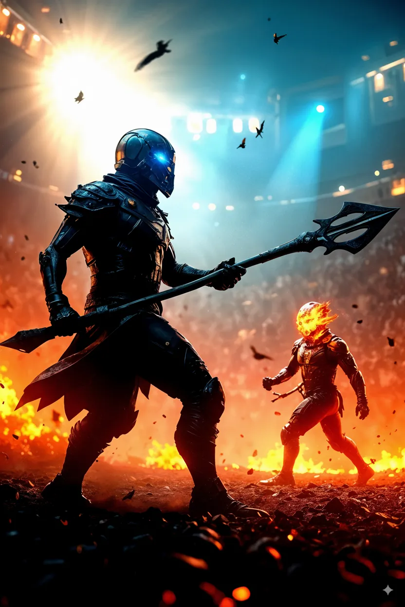 A dramatic vertical image depicting two futuristic warriors in a dimly lit arena, engaged in combat. On the left, a tall warrior in dark, armored attire with glowing blue eyes holds a staff. On the right, a smaller, glowing figure is partially visible. The background shows blurred stadium lights and cheering crowds, with birds flying overhead. A central glowing text box asks 'Is failure forever? Not for you. Not for us.' with a call to action button."
