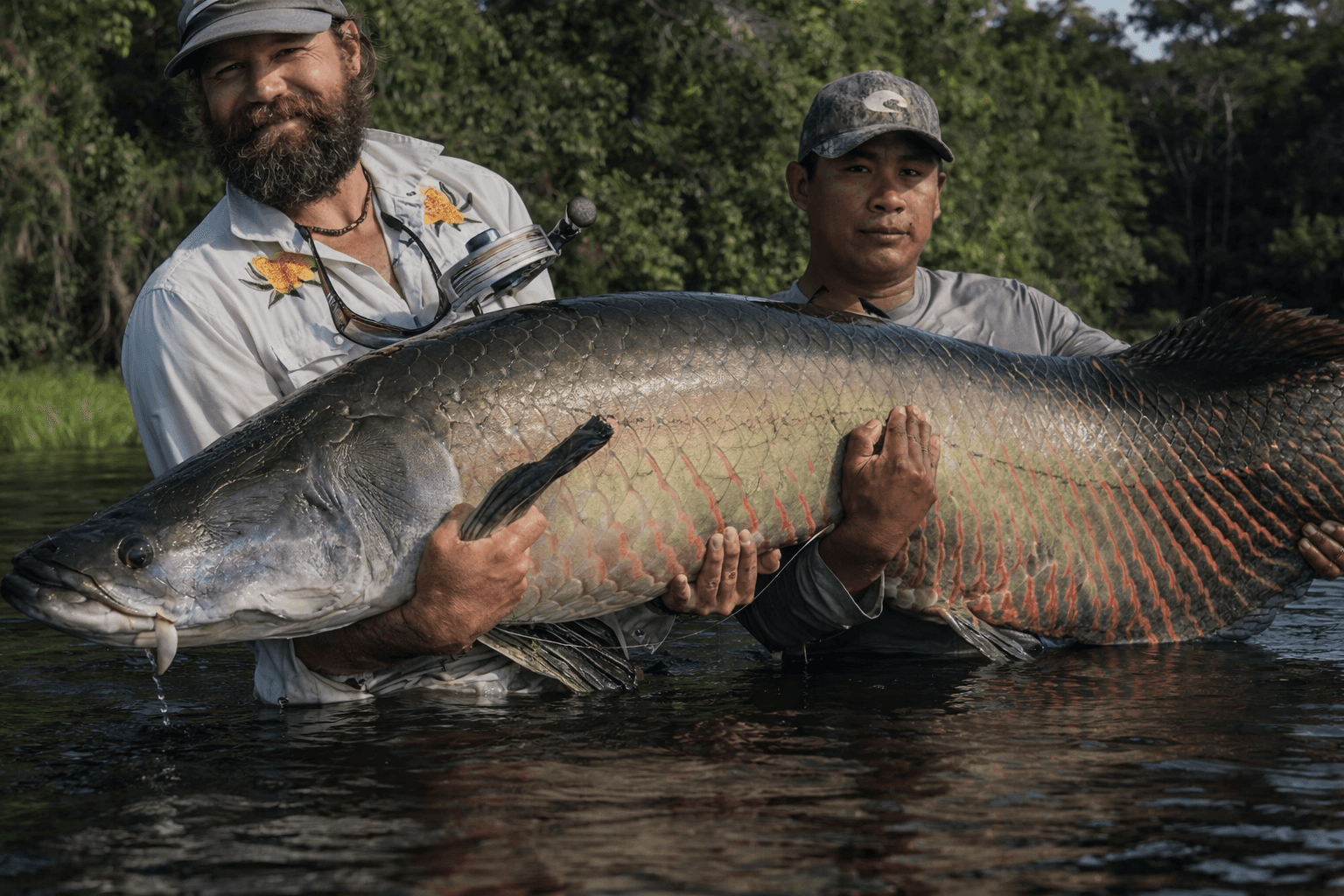two person holding a pirarucu fish