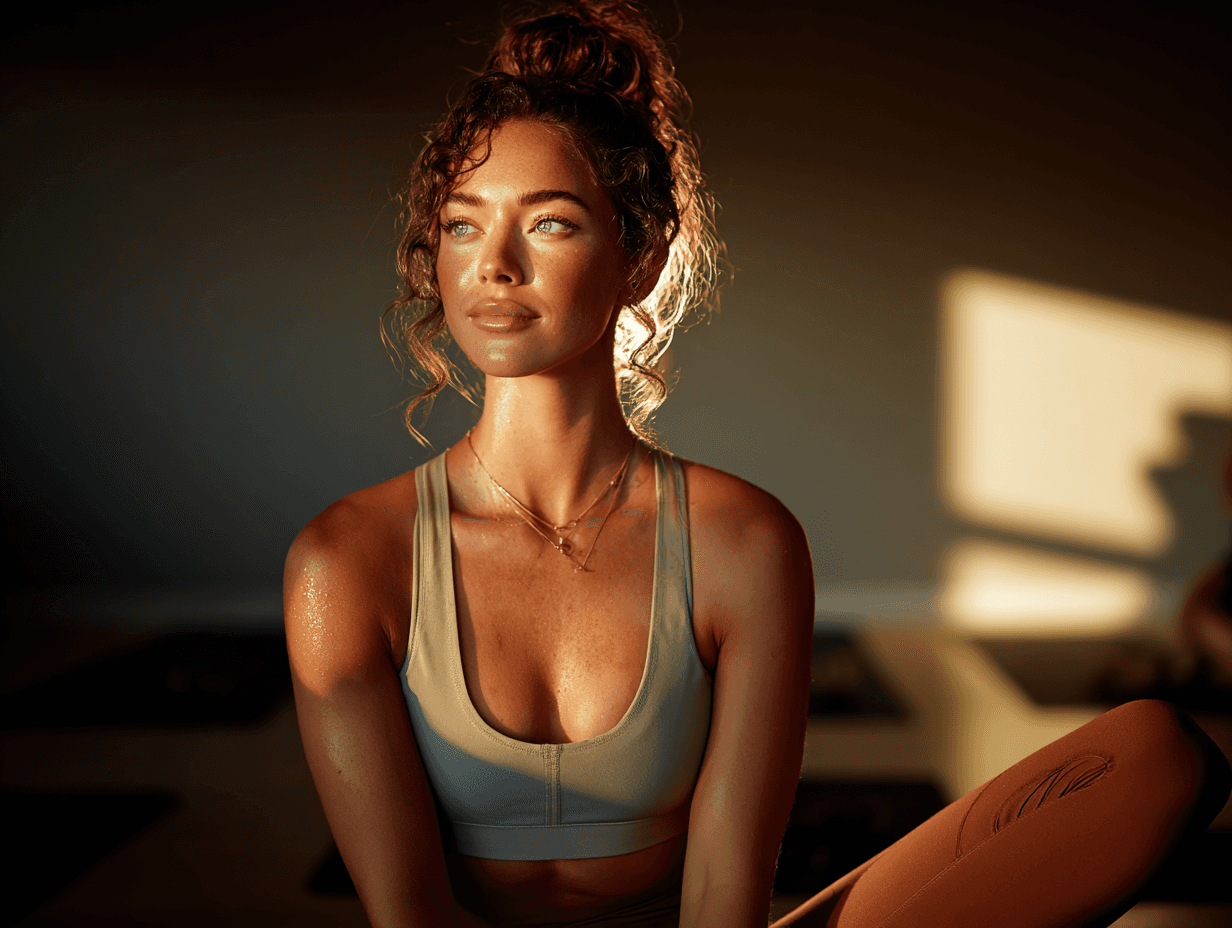 Female yoga instructor with curly hair and hands in prayer pose