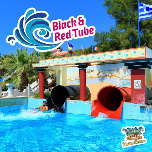 Man exiting black tube slide into pool; another red tube slide beside. "Black & Red Tube" sign above. Water park logo at bottom.