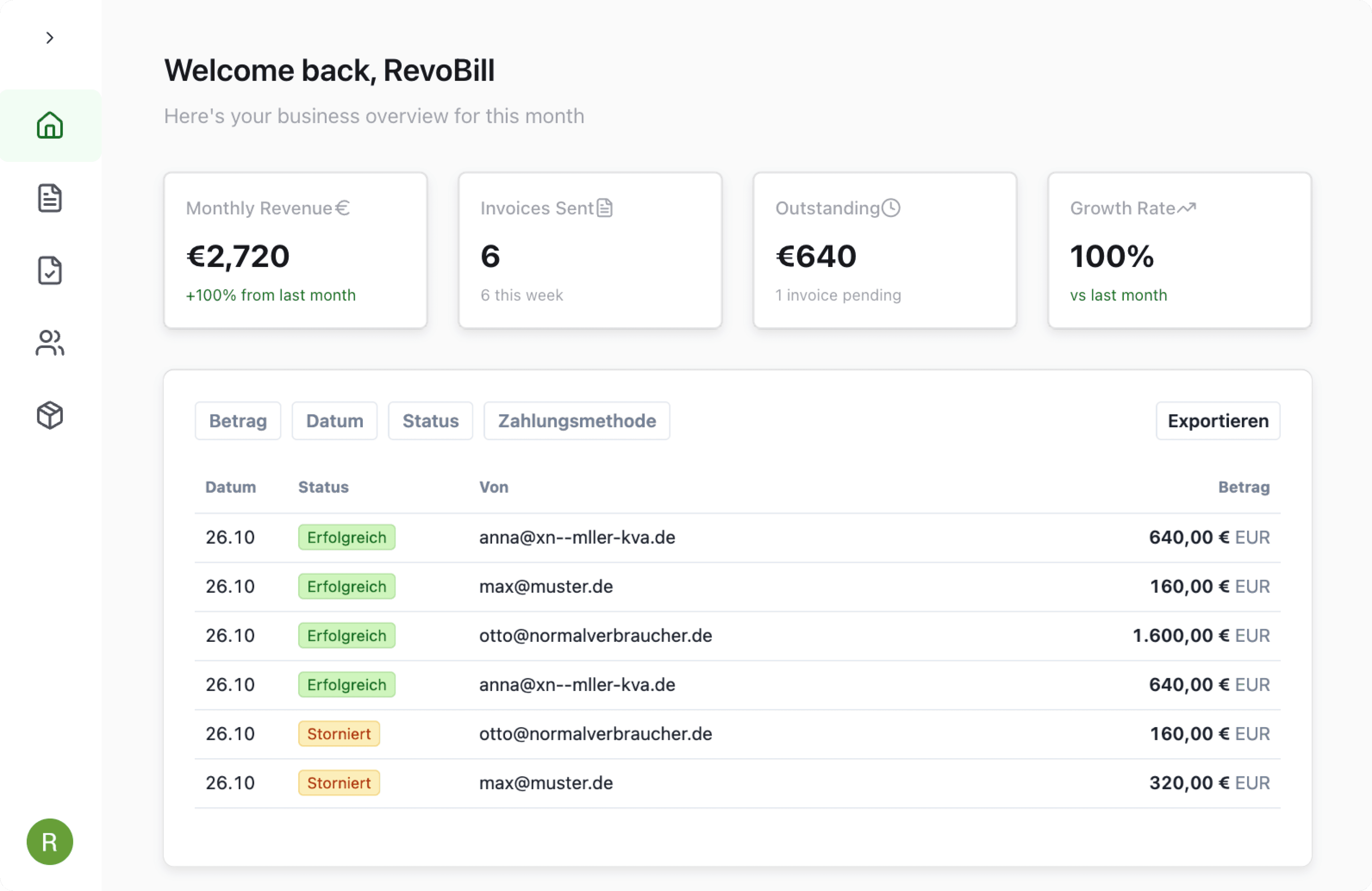 revoBill dashboard showing invoice overview and payment status