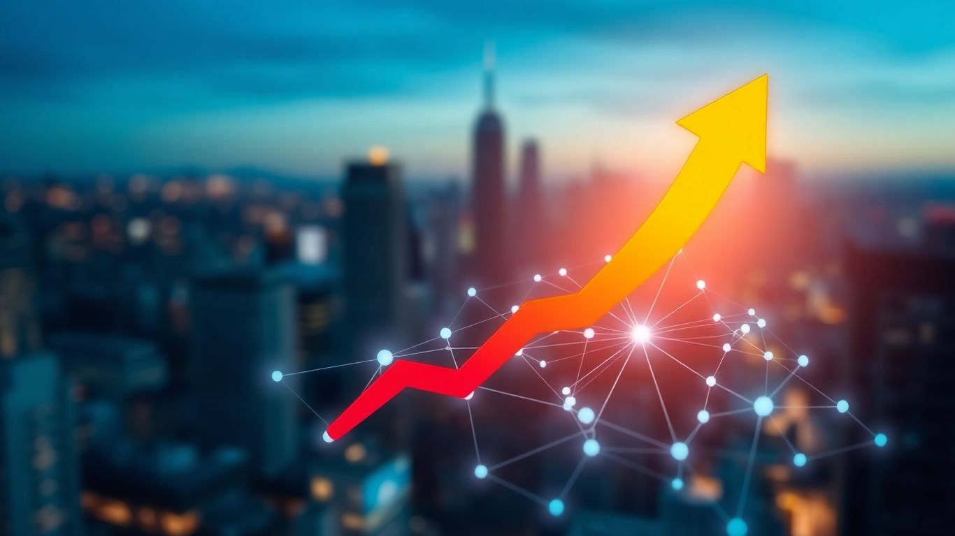 Business growth arrow from digital nodes