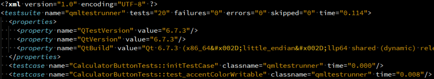Top of the generated JUnit-style XML report showing the testsuite element with 20 tests and 0 failures, plus QTestVersion and QtVersion properties