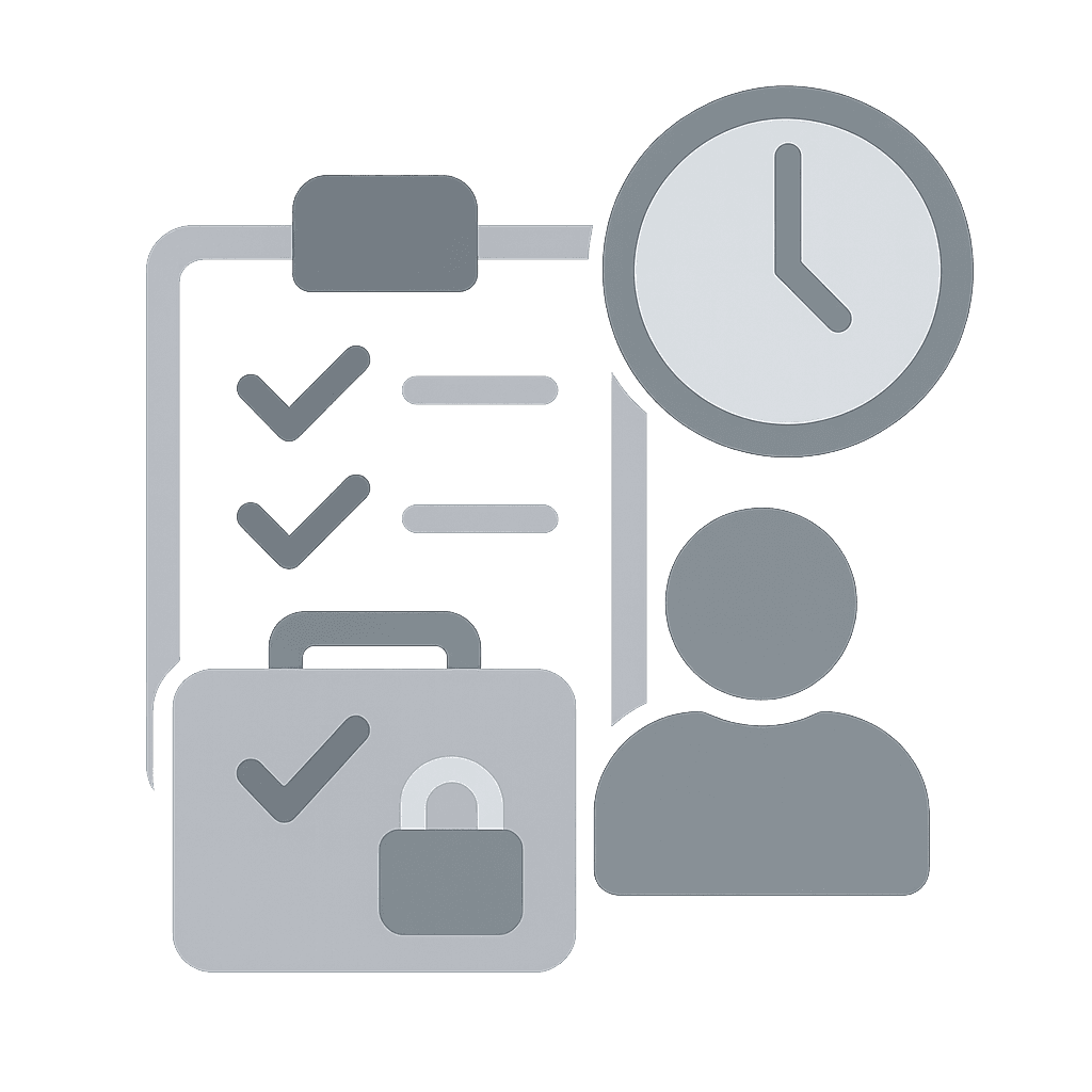 Graustufen-Illustration mit Checkliste, Uhr und Personensymbol – steht für Zeitmanagement, Selbststrukturierung und fokussiertes Arbeiten im digitalen Alltag.
