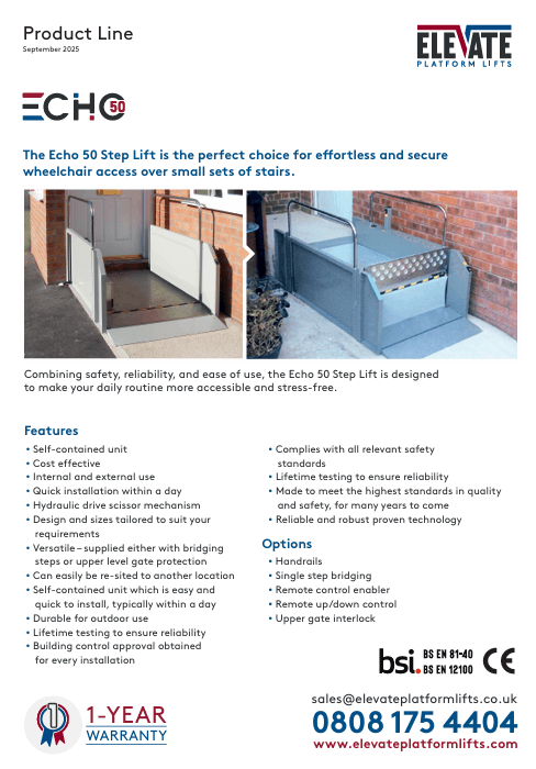 Echo 50 Step Lift installed at a residential entrance, shown in lowered and raised positions for wheelchair access over a small set of steps