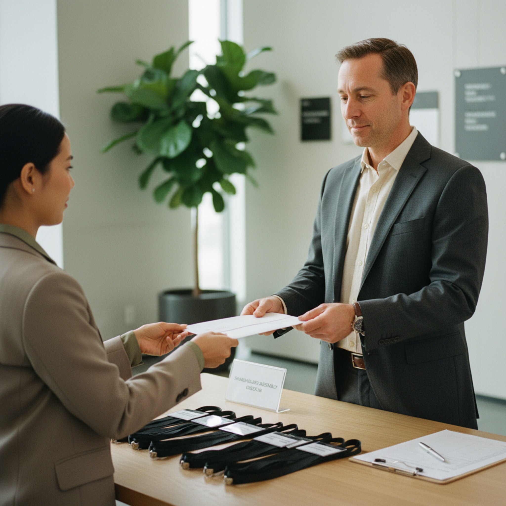 Ein Gesellschafter übergibt am Empfangstisch einen sauber gefalteten Briefumschlag mit Unterlagen an eine Mitarbeiterin. Neben ihnen liegt ein Stapel vorbereiteter Lanyards. Beide nicken kurz, der Ablauf wirkt strukturiert und verbindlich. Die Szene zeigt einen klaren, prüfbaren Moment.