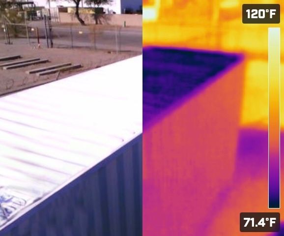 Thermal camera view of a CryoPaint-coated container roof running far cooler than the ground around it
