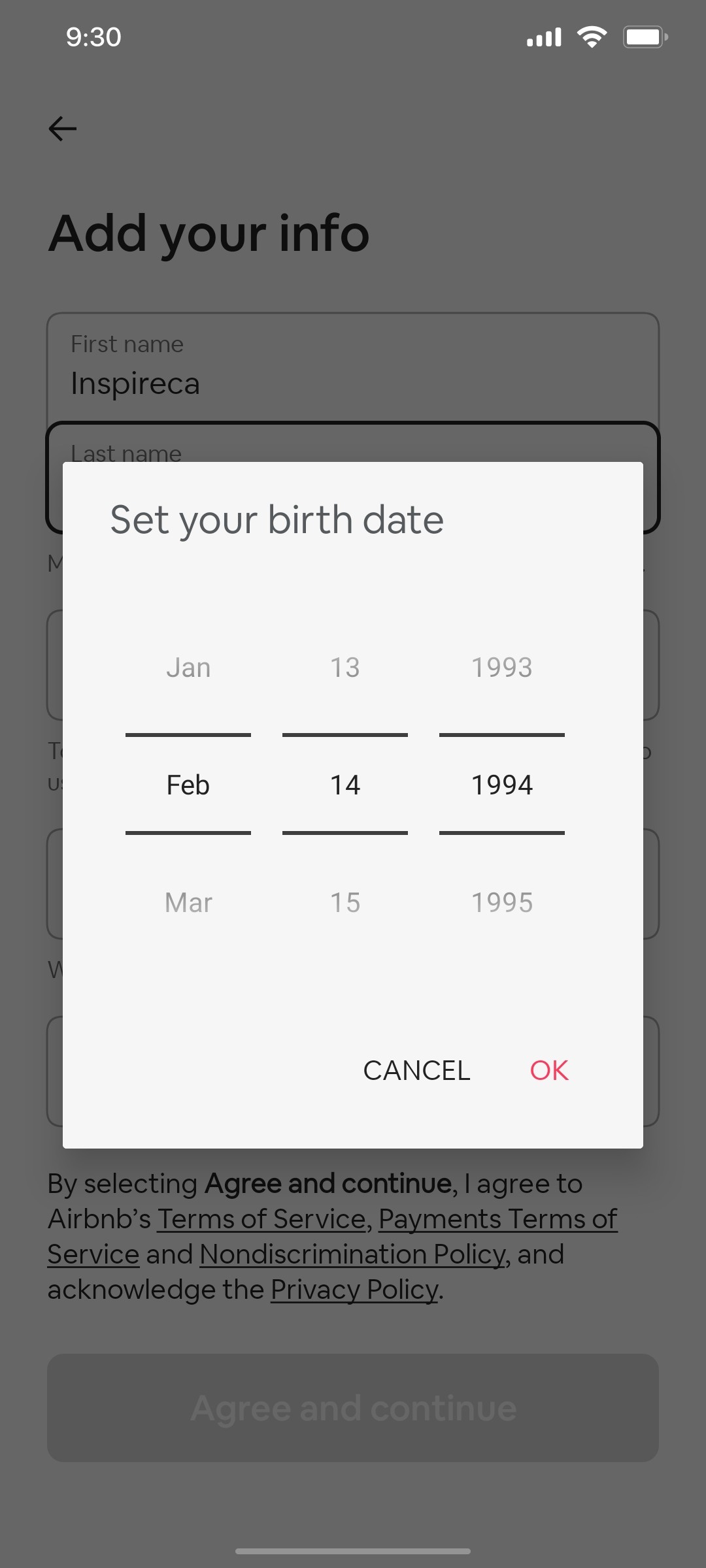 Airbnb Select DOB screen