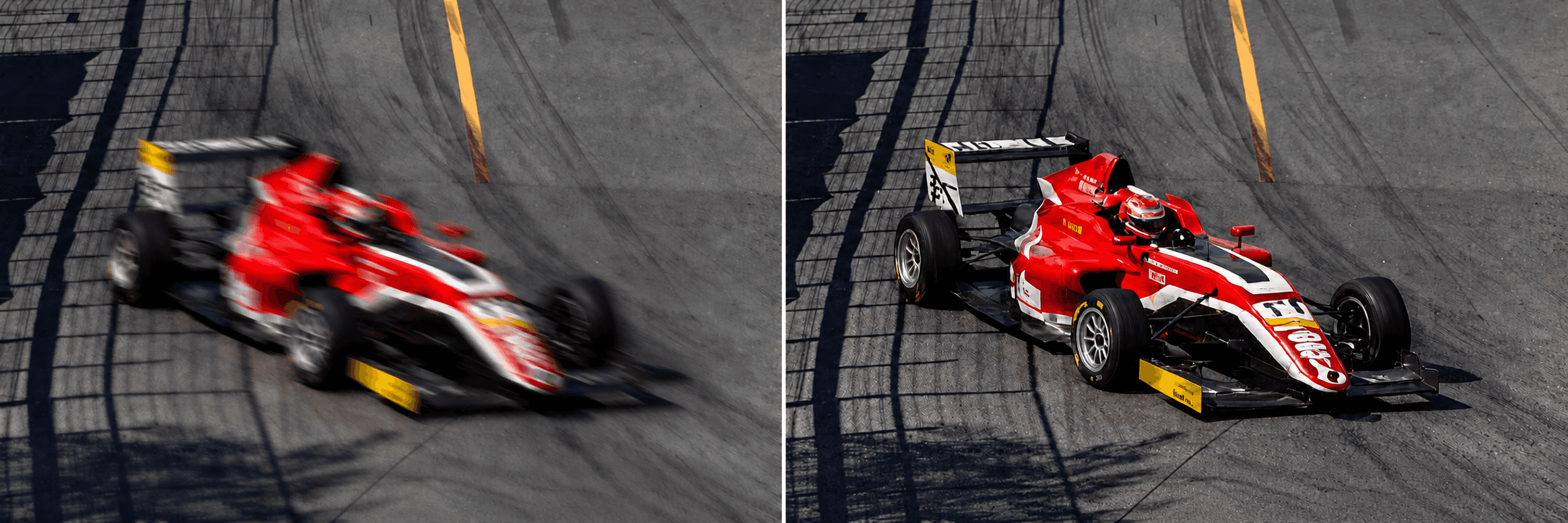 Blurry red Formula racing car before and after Online AI blur correction