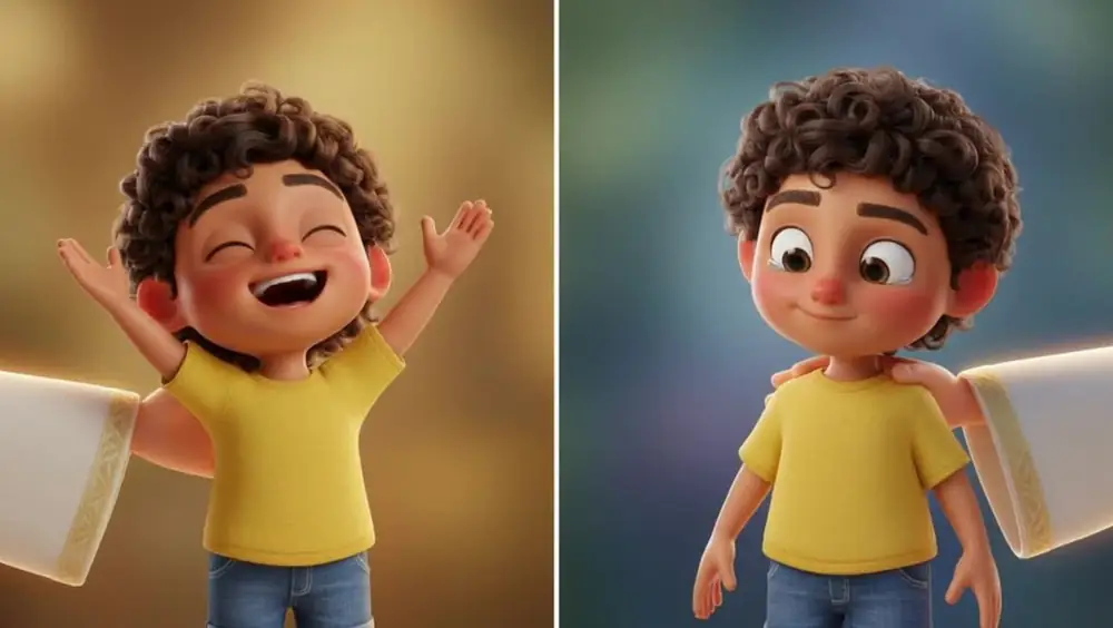 Scene 10: split screen of the boy laughing on the left and looking sad on the right
