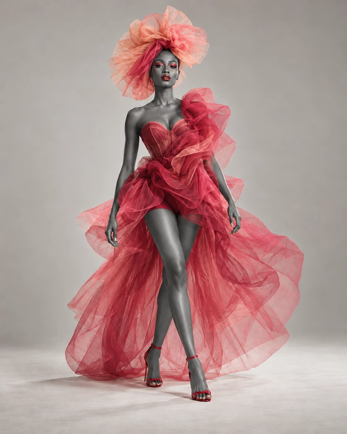 Selective-colour version: Full-length fashion portrait in flowing raspberry and apricot tulle with a matching headpiece