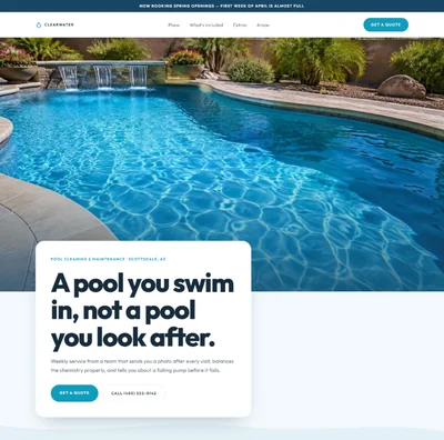 Pool service website built with AI showing a bright blue pool photograph and a white headline card