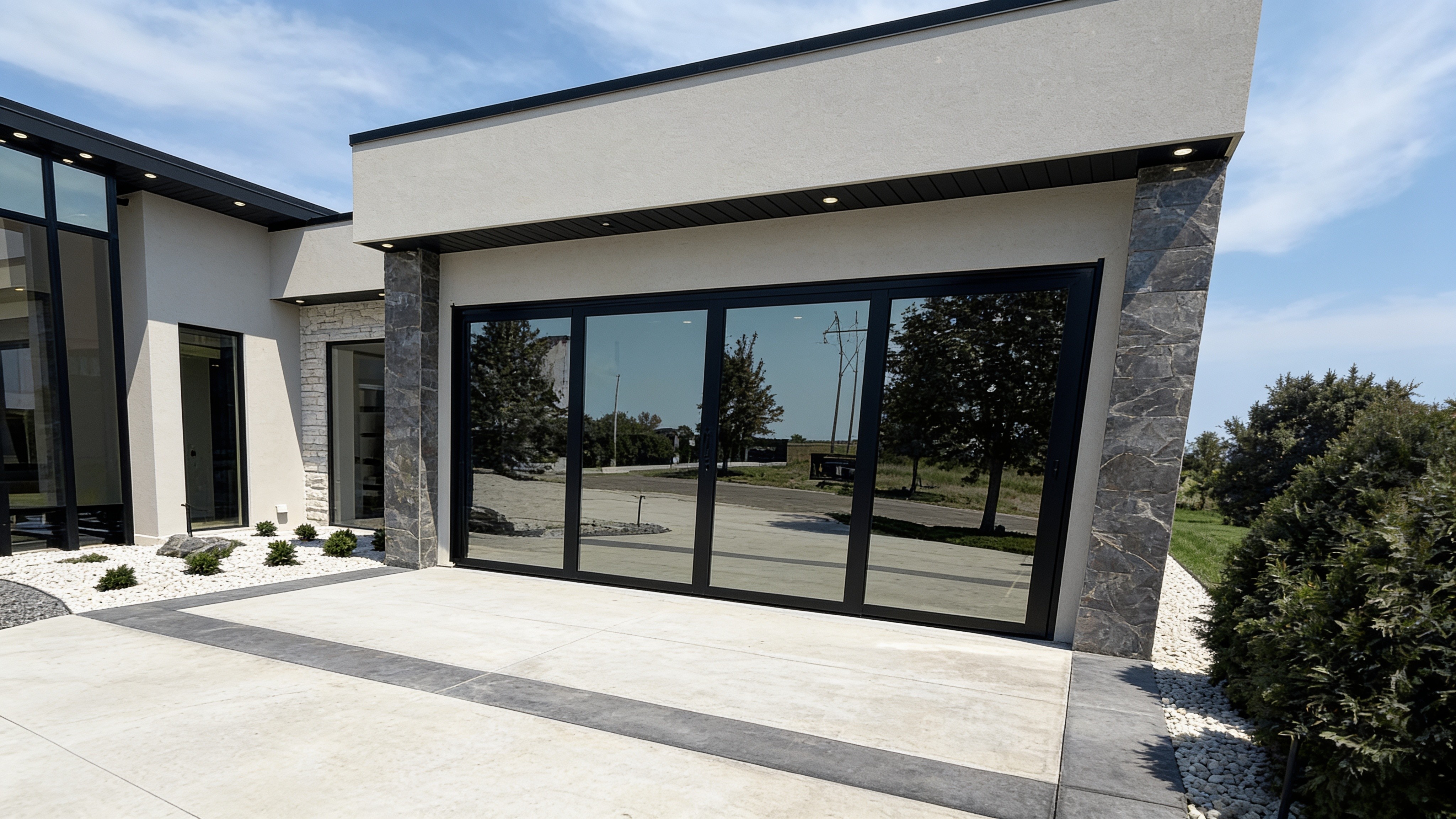 Modern luxury home with a glass concealed-cylinder door, closed