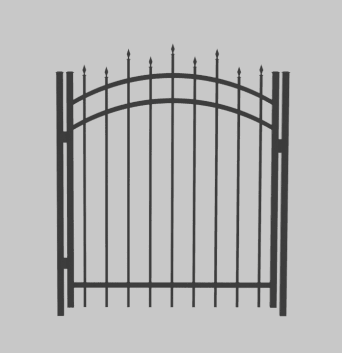 Black-and-white illustration of a straight aluminum double drive gate with staggered spear-top pickets.