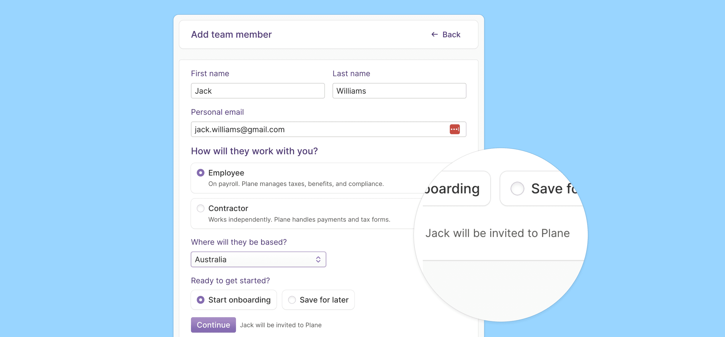Screenshot of Add Team Member page for Jack Williams