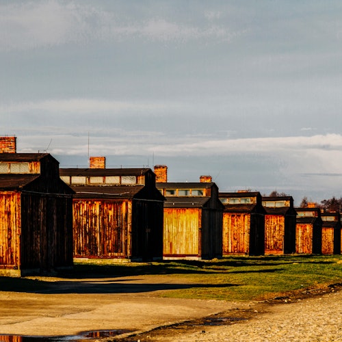 Row of old wooden barracks with chimneys, aligned under cloudy sky, set along a dirt path with sparse grass patches.