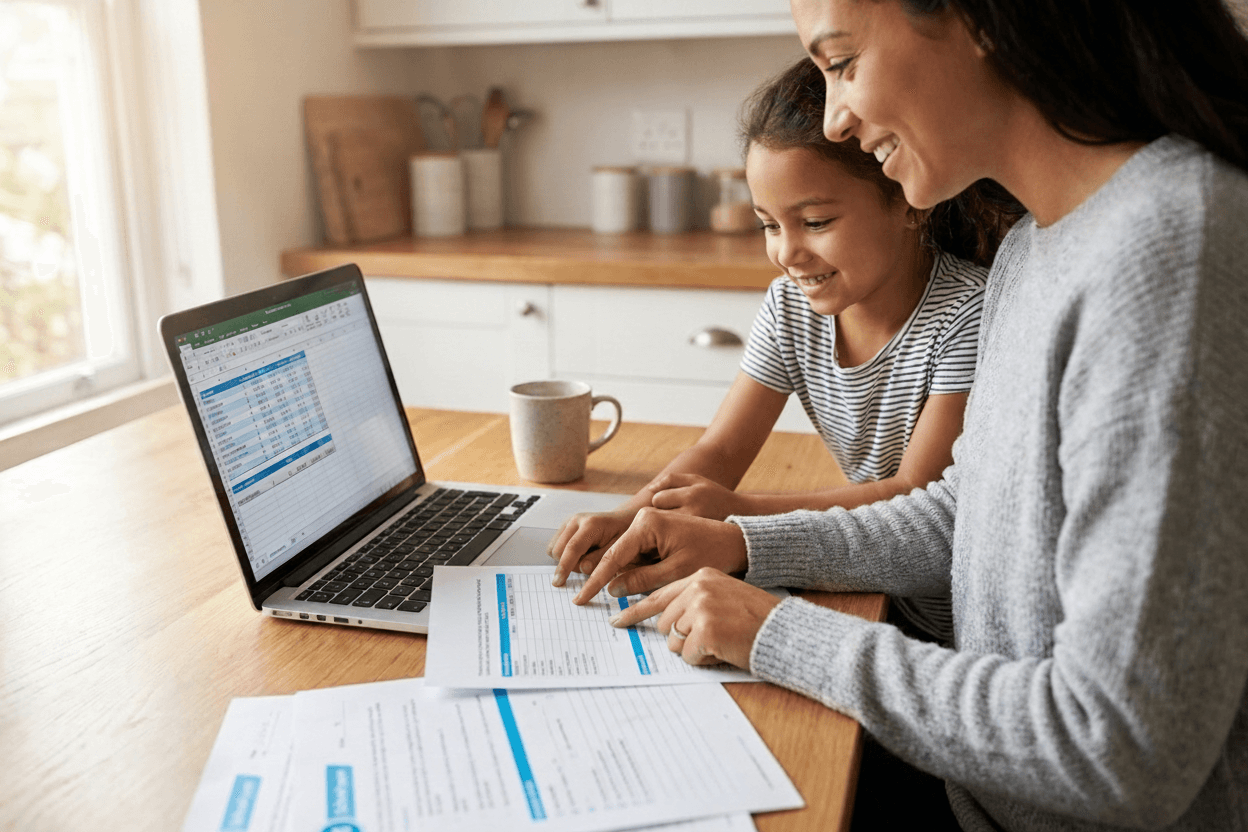 Parent and school-age child sit at a kitchen table reviewing a laptop, school papers, and a savings worksheet together in warm morning light, showing an optimistic family planning moment focused on college savings.