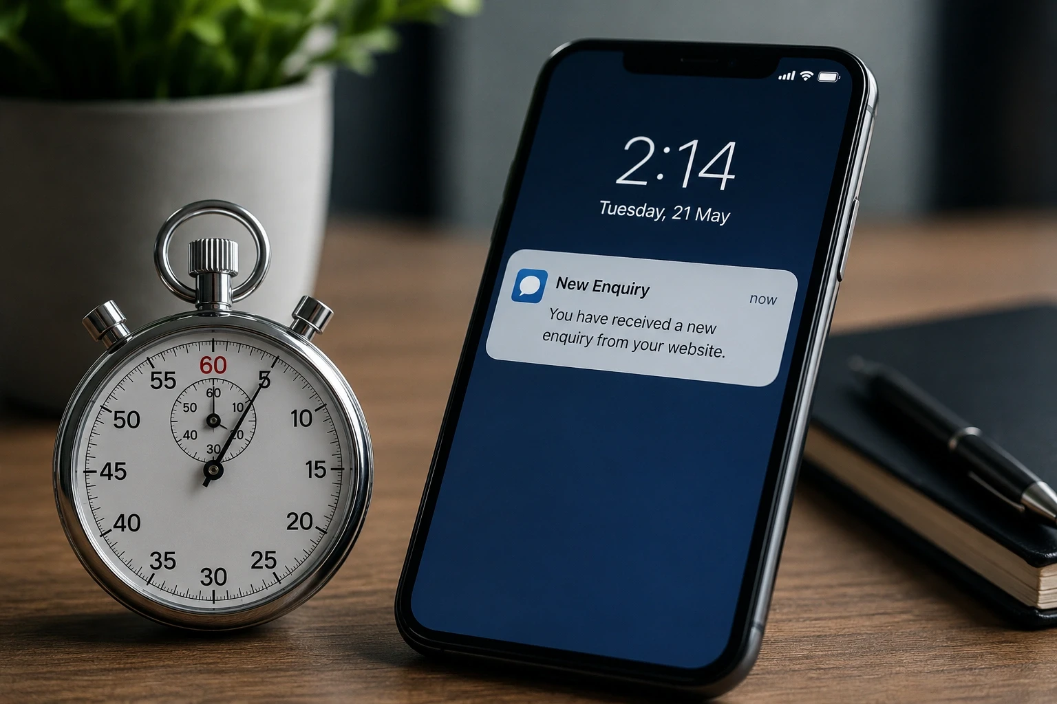 Stopwatch next to a phone showing a new enquiry notification