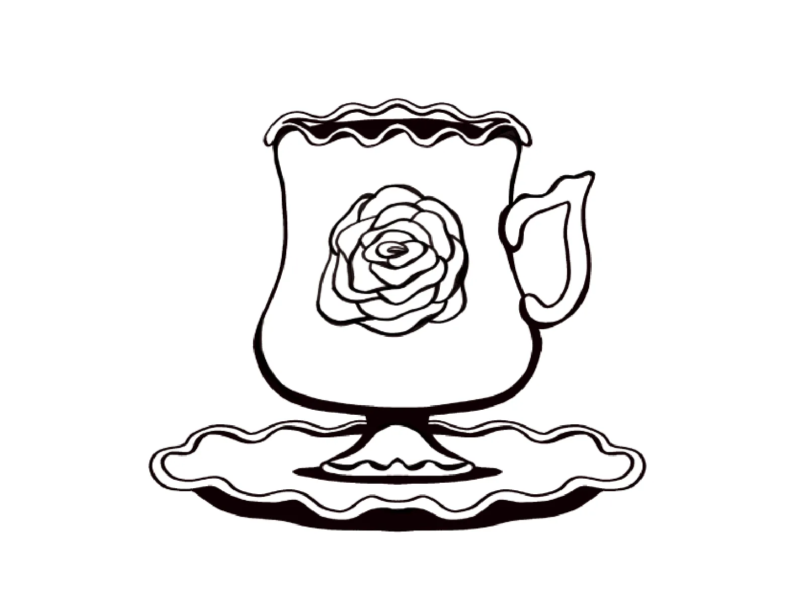 A black and white outline of a rippled edge teacup with a rose on it.