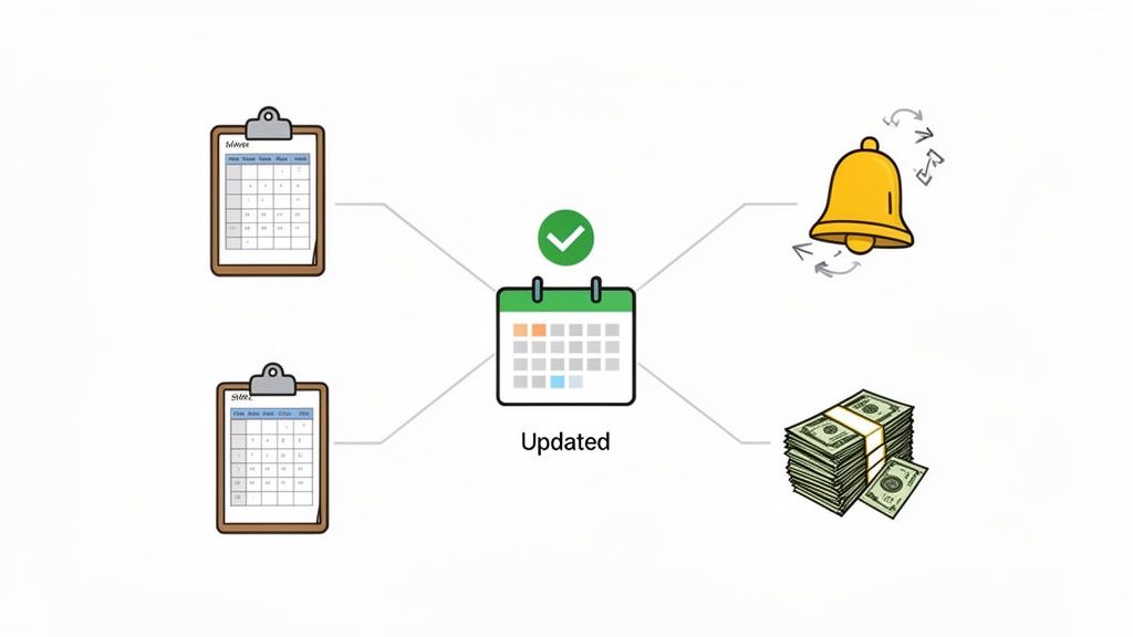 A diagram illustrates a central 'Updated' calendar with a checkmark, connected to time-off requests, notifications, and money.