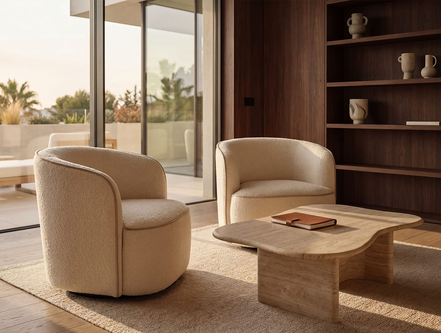 Luxury real estate interior with designer armchairs, wooden shelving, and terrace view in Marbella