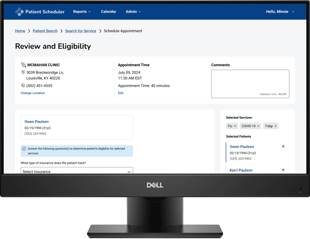 A computer monitor displaying a patient scheduling interface titled "Review and Eligibility," featuring appointment details for July 9, 2024, at 11:30 AM EDT, with sections for patient information, comments, selected services, and insurance options.
