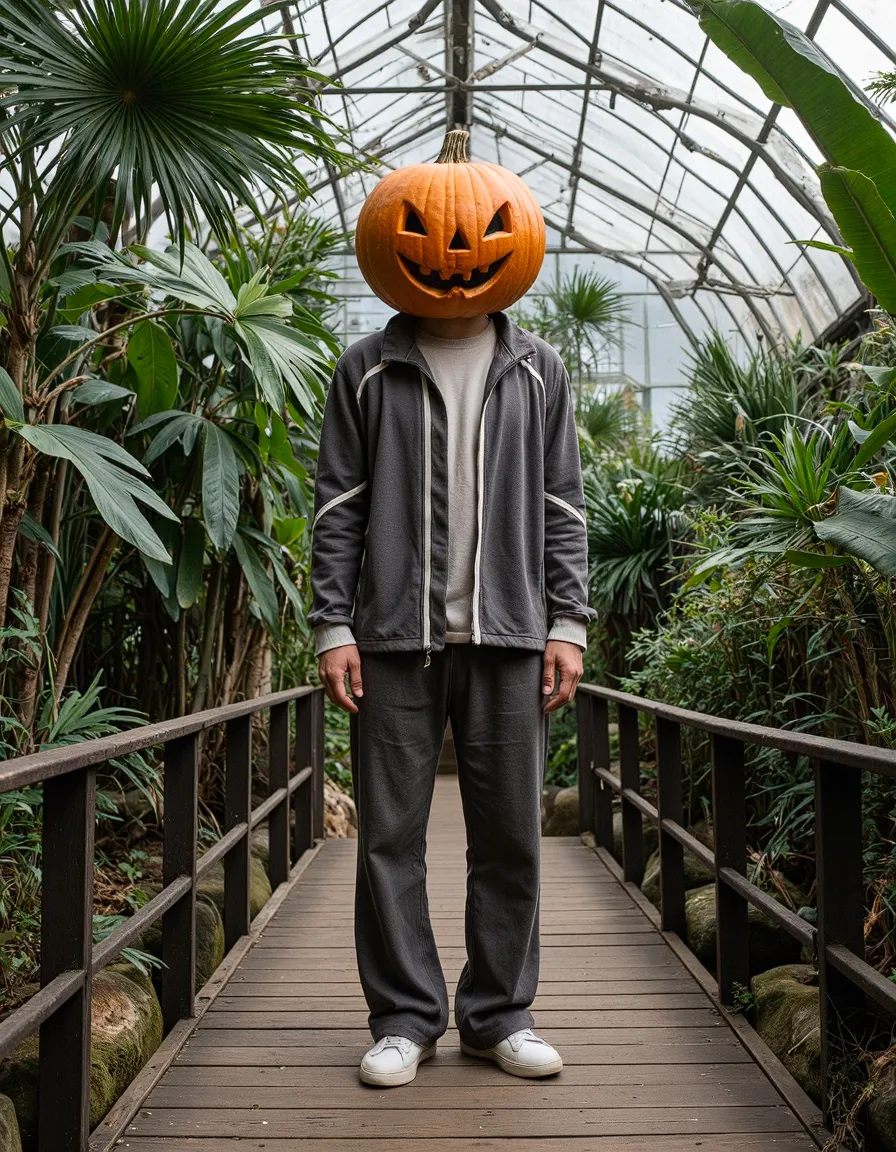 Person wearing carved pumpkin head standing on wooden bridge in lush greenhouse surrounded by tropical plants and palm fronds