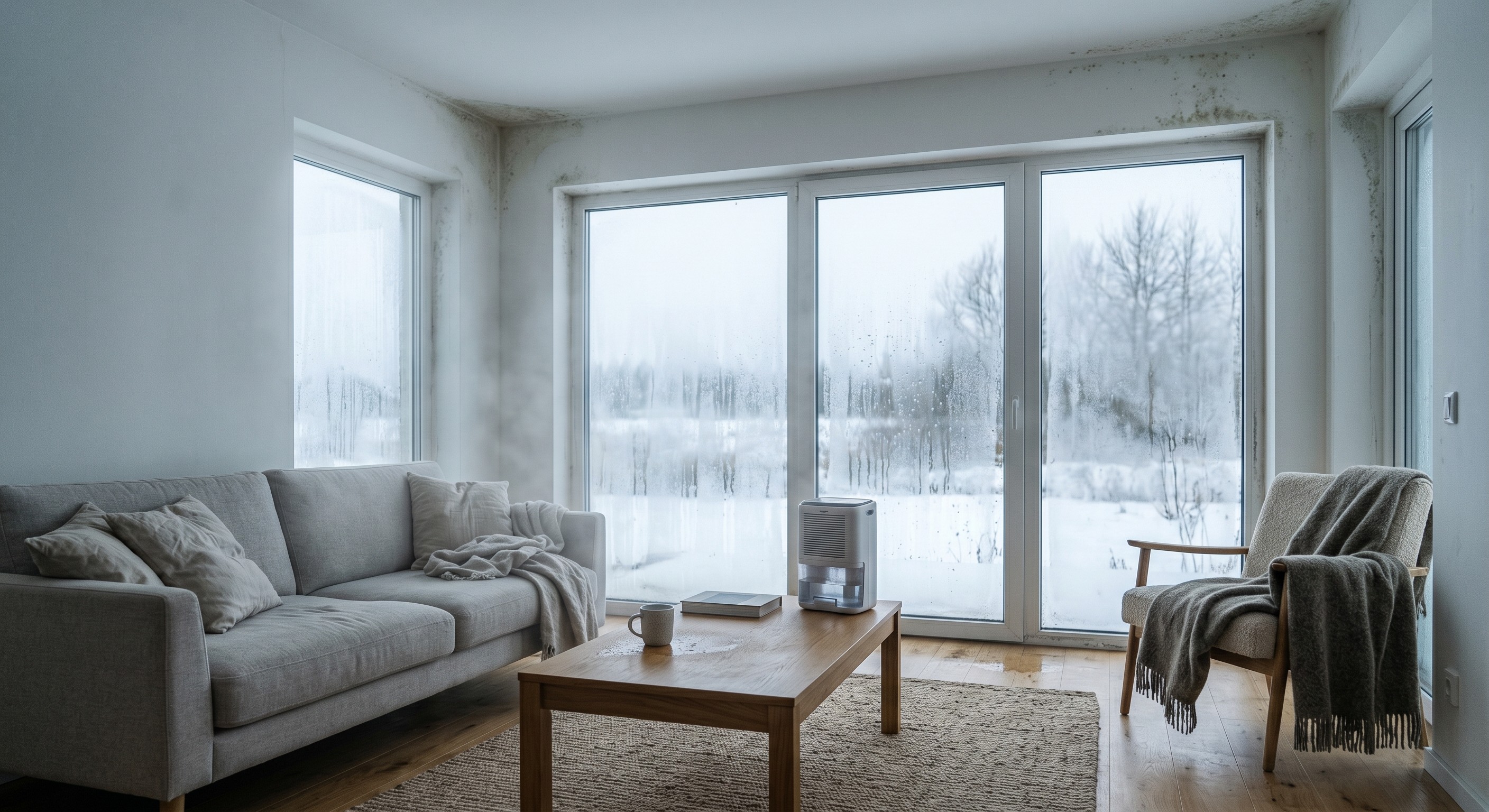 A modern, minimalist interior with large windows, a clean floor, and light walls, creating a spacious atmosphere.