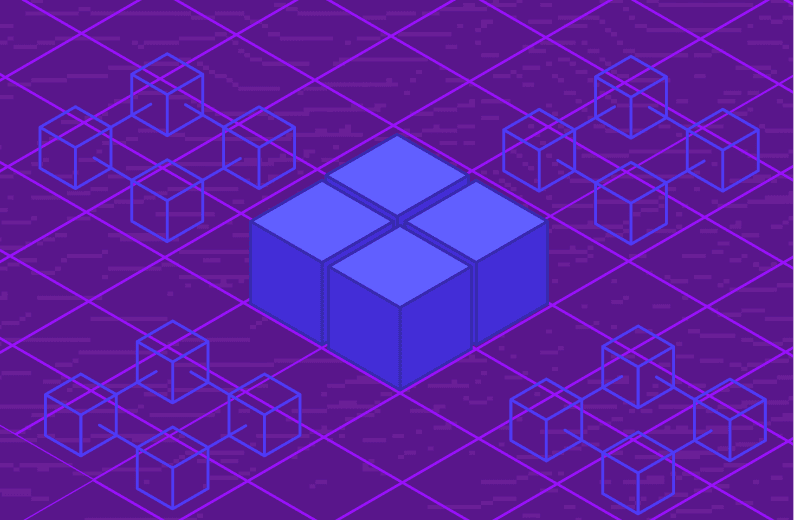 Central cube cluster surrounded by networked cube structures, representing distributed systems, in blue and purple tones.