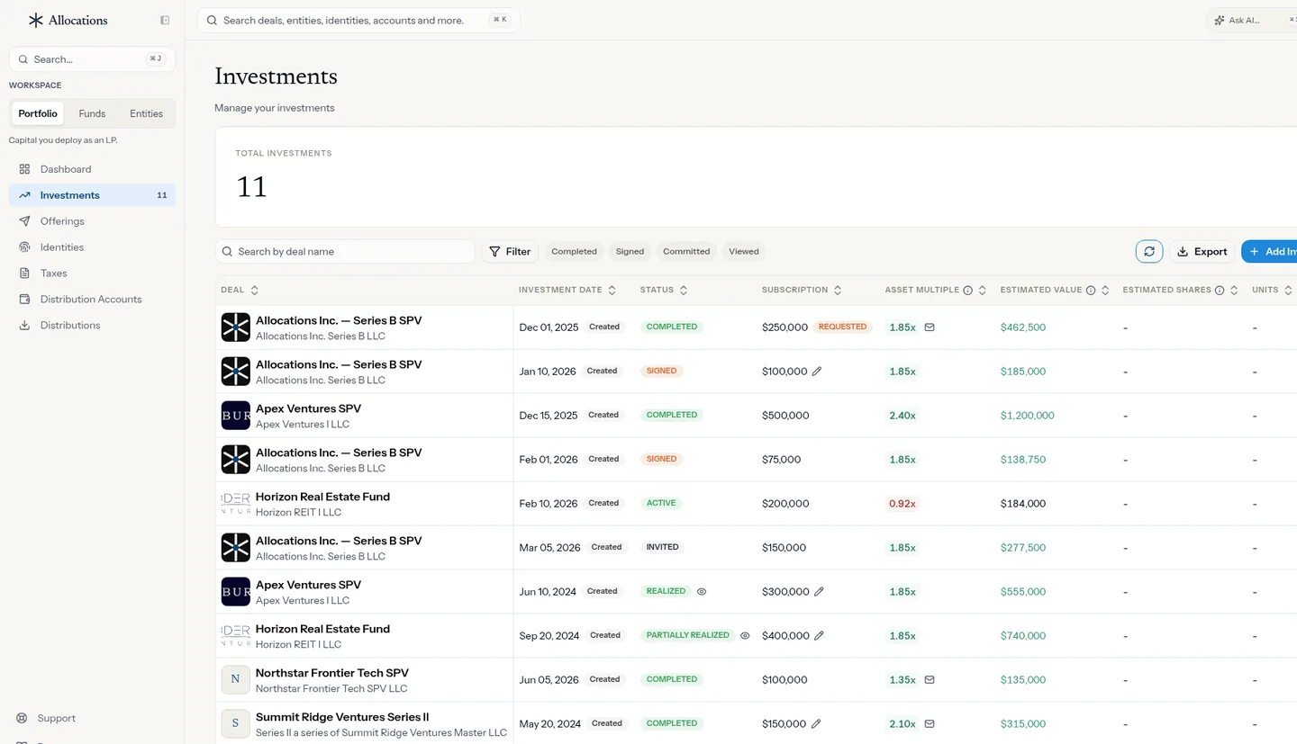 Investments list: every SPV and fund position with status, subscription, asset multiple and estimated value (demo data).