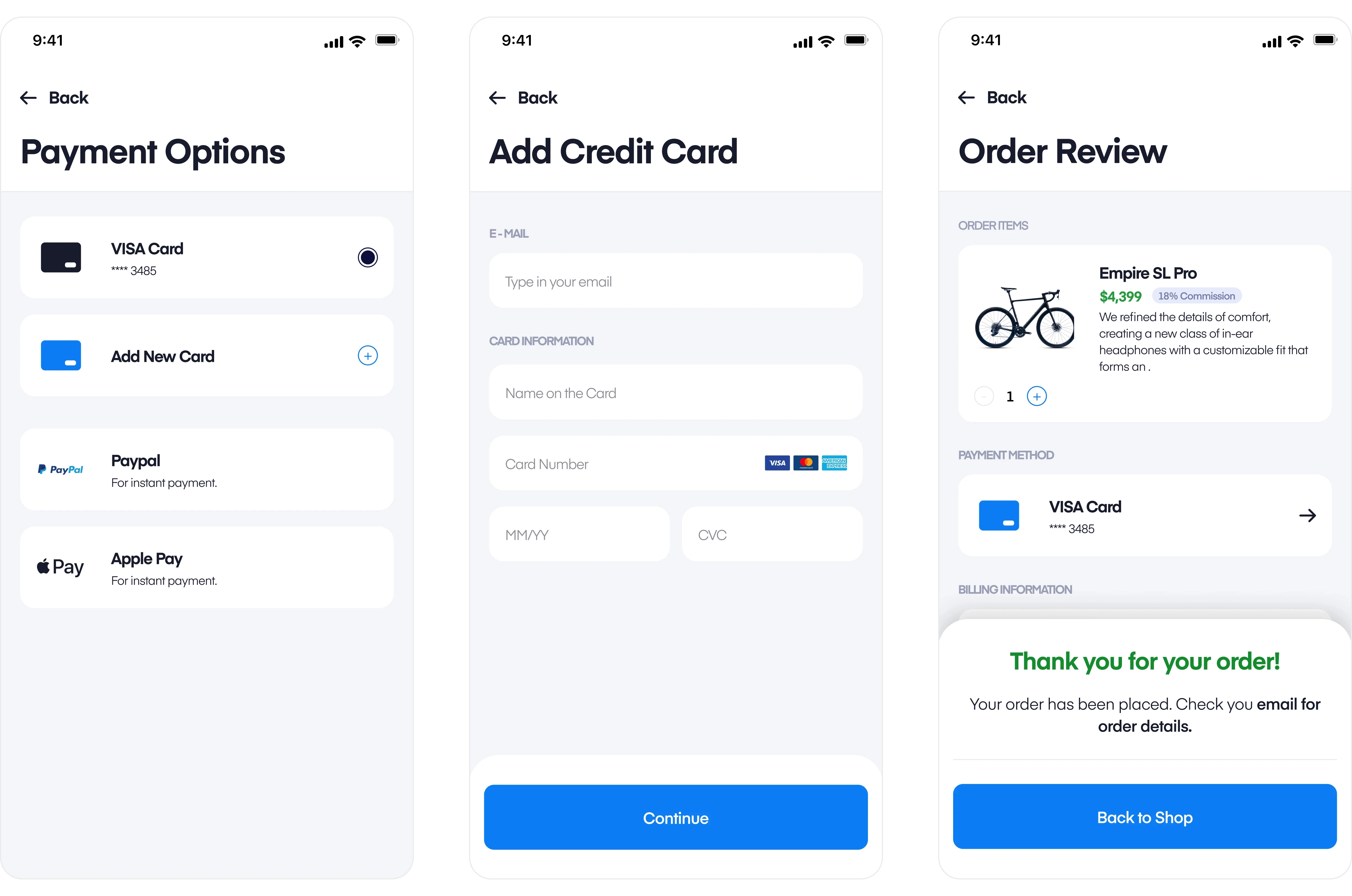 Fluid CRM payment flow showing payment options, credit card entry form, and order review confirmation — including Visa, PayPal, Apple Pay, and a checkout success message for completing purchases within the app.