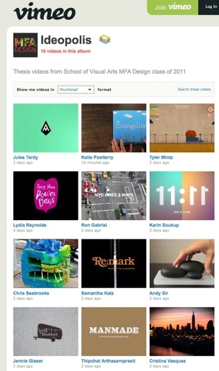 vimeo screenshot of a list of videos
