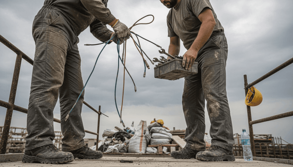 operai in cantiere su ponteggio si scambiano materiale edile