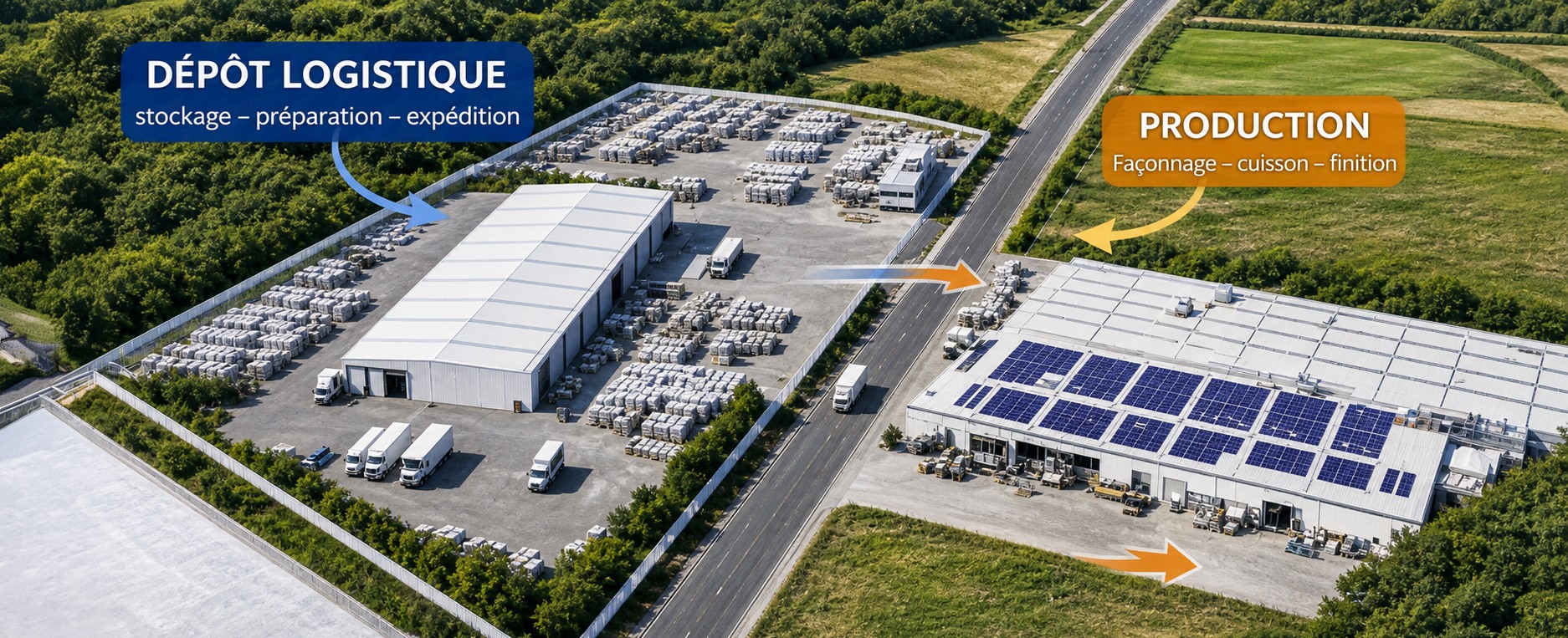 Vue aérienne d'un complexe logistique industriel avec entrepôts, camions et panneaux solaires, entouré de verdure
