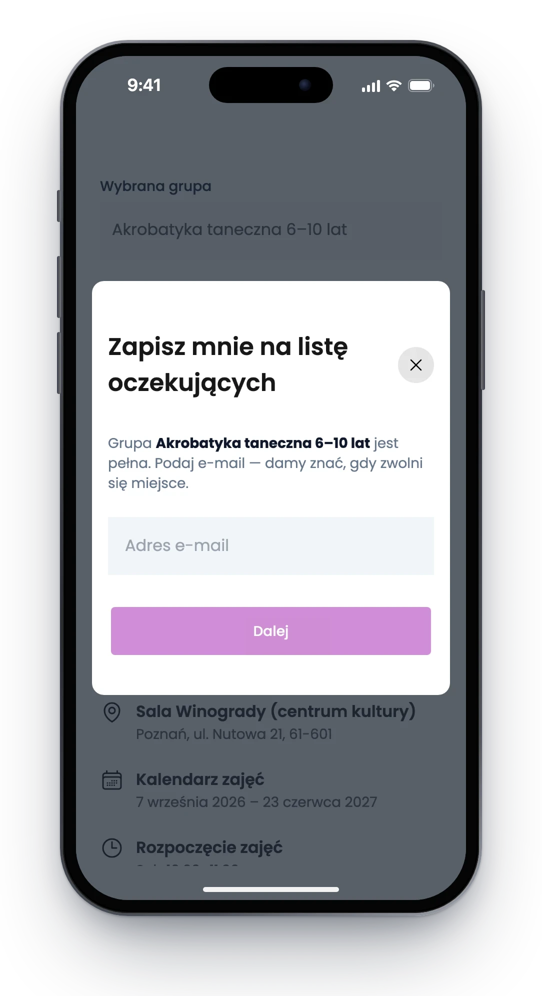 Telefon z oknem zapisu na listę oczekujących i polem adresu e-mail