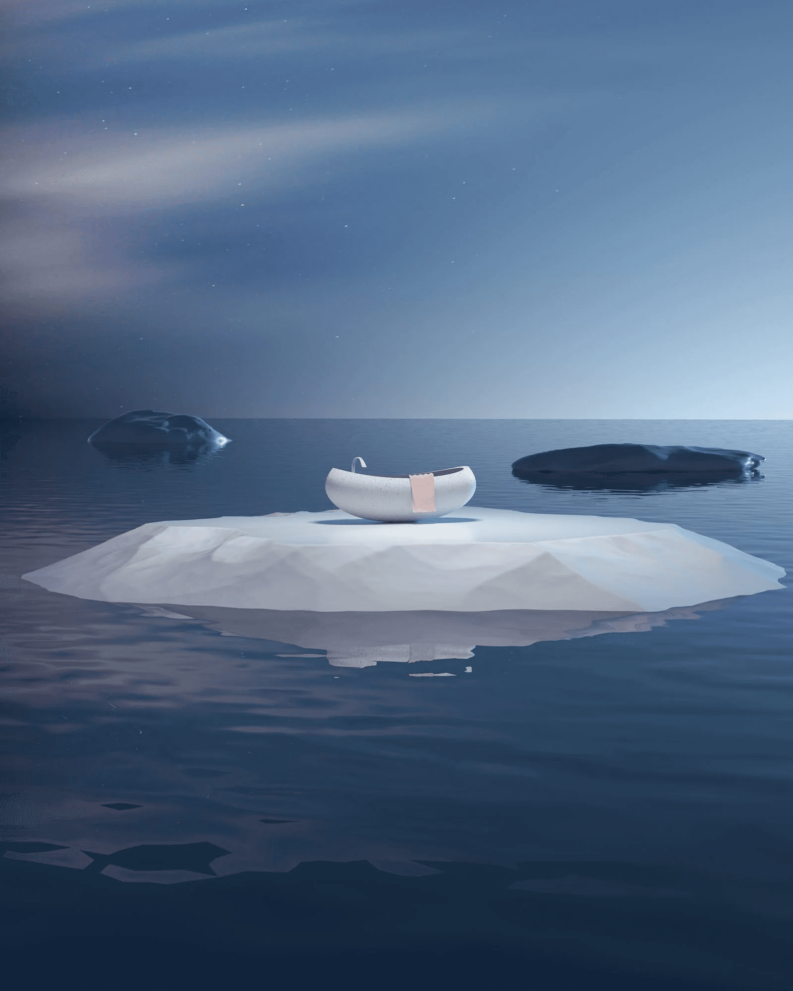 A bathtub on top of a small floating ice