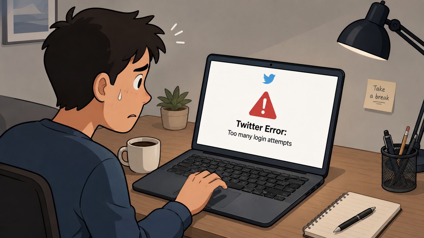 A concerned young man stares at his laptop screen displaying a Twitter error message about too many attempts.