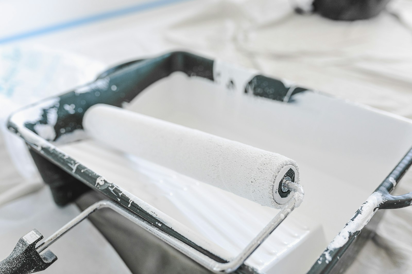 Close-up of a paint roller ready for decorating